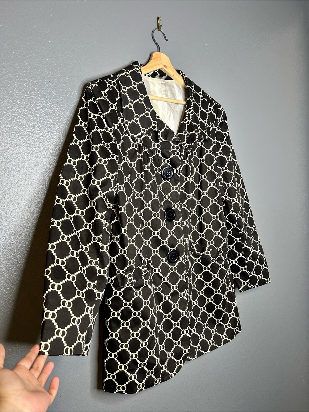 S&D Black Cotton Blazer Jacket with White Chain-Link Print Large